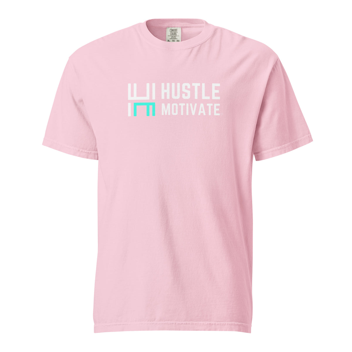 Blossom Hustle Motivate heavyweight T-shirt, front view with white-and-teal HM chest logo.