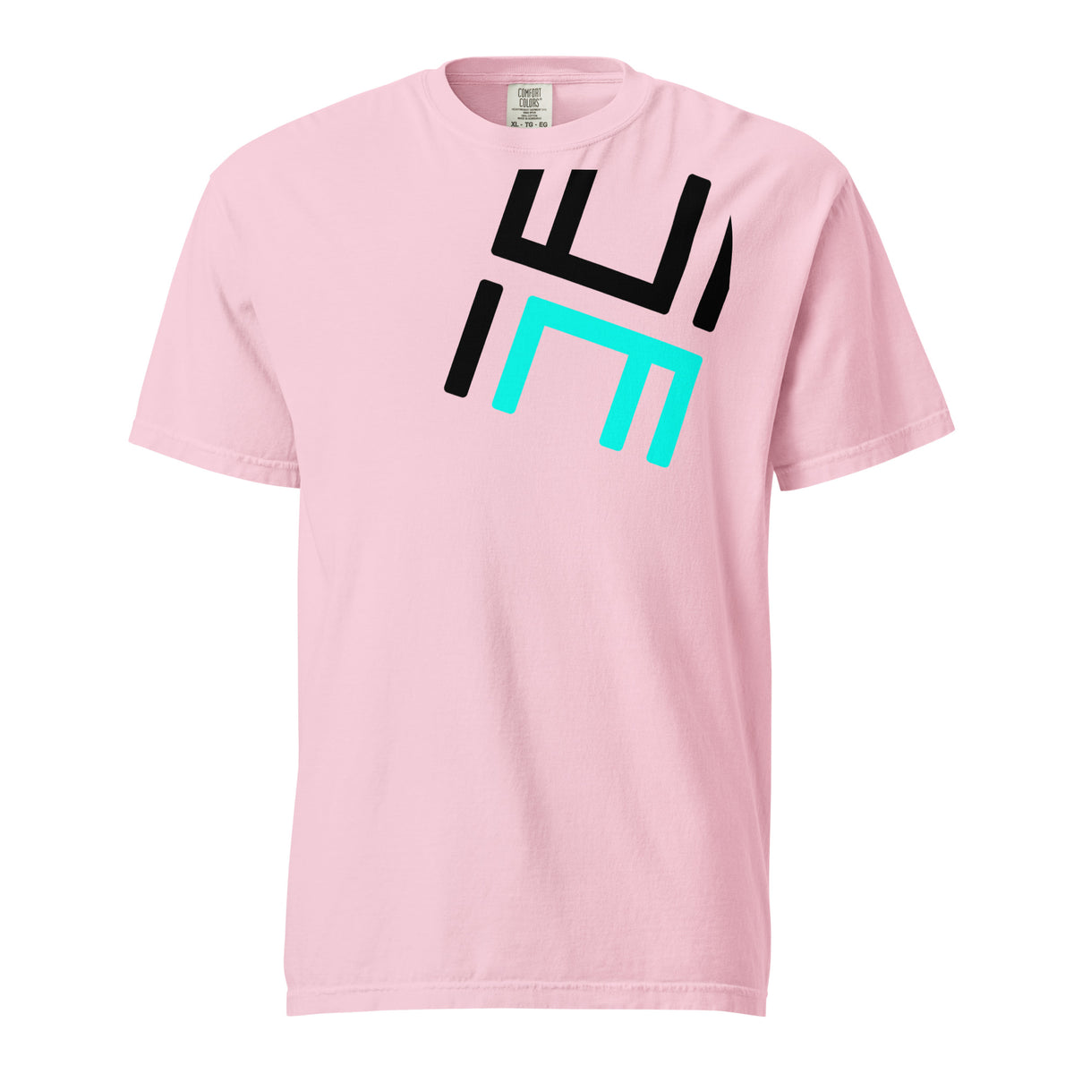 Blossom Hustle Motivate Perspective Tee, front view with large angled charcoal-and-teal HM monogram