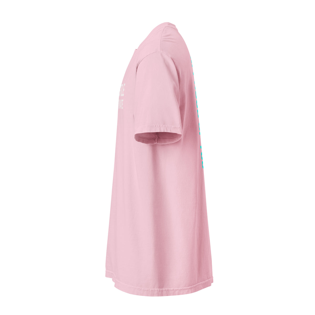 Blossom Hustle Motivate heavyweight T-shirt, left side view with plain short sleeve.