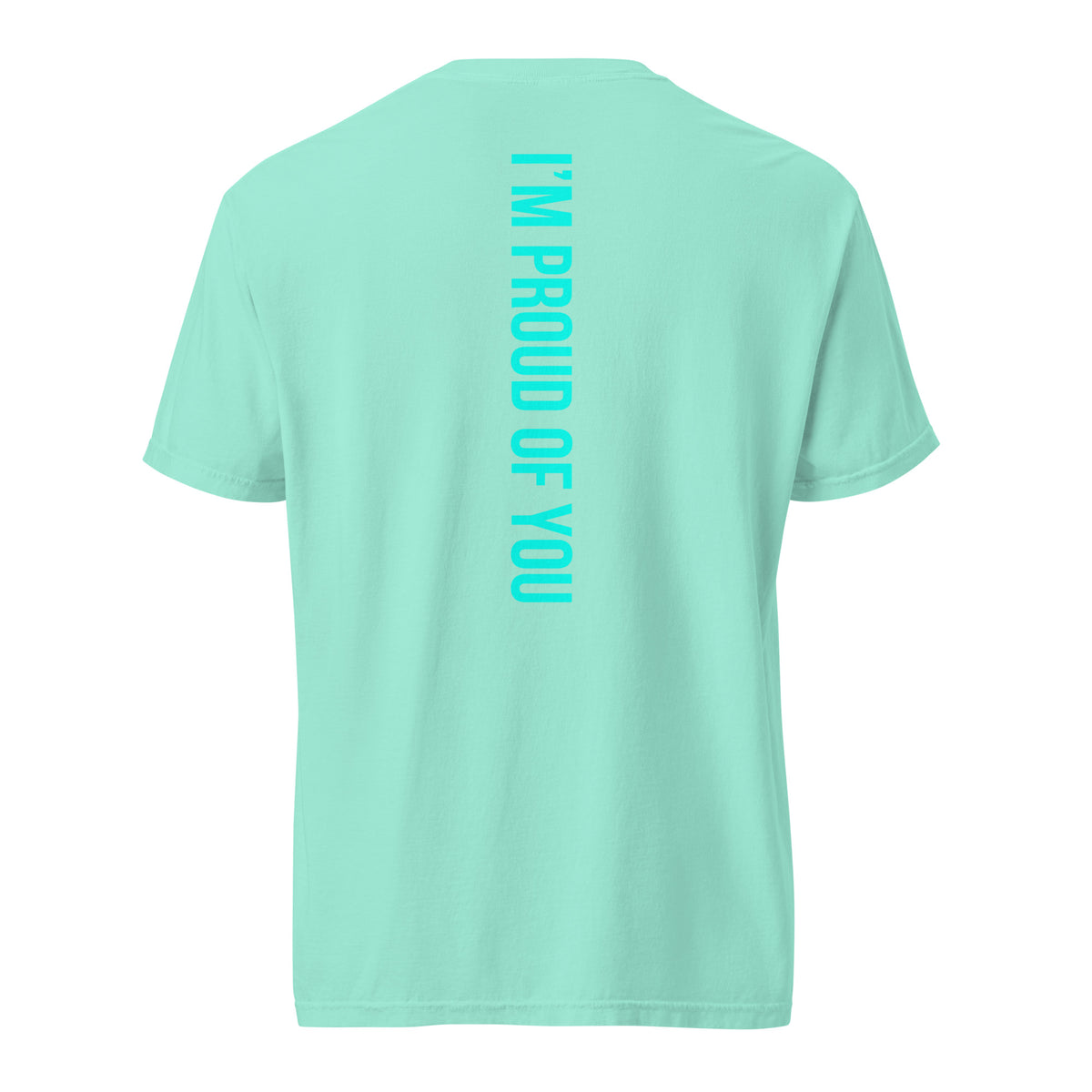 Chalky Mint Hustle Motivate heavyweight T-shirt, back view with teal “I’M PROUD OF YOU” text down the centre.