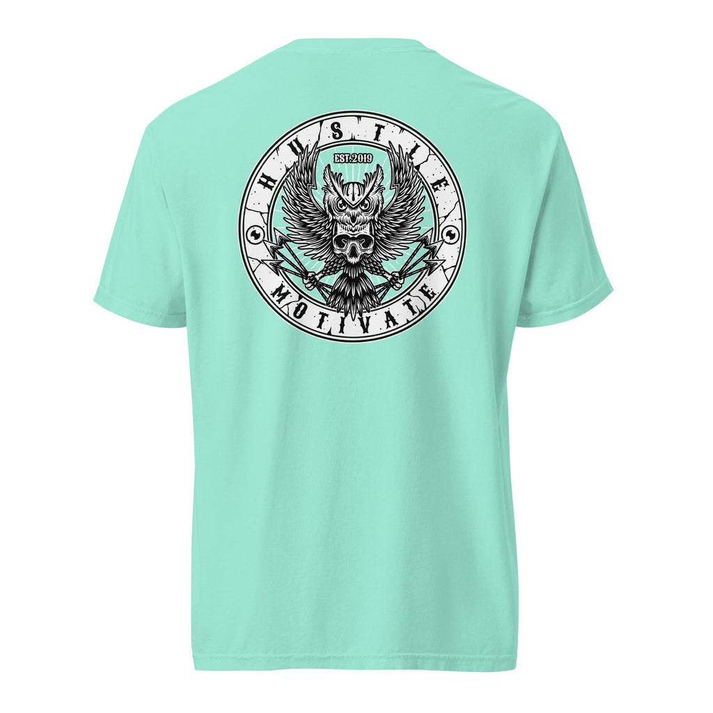 Hustle Motivate OG Owl Throwback T-Shirt in Chalky Mint, back ghost mockup view with large circular original owl artwork.