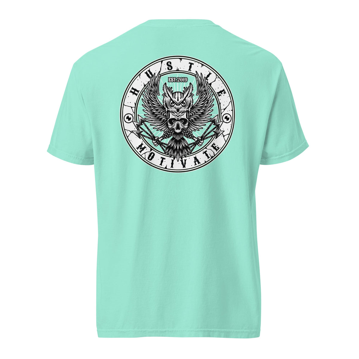 Hustle Motivate OG Owl Throwback T-Shirt in Chalky Mint, back ghost mockup view with large circular original owl artwork.