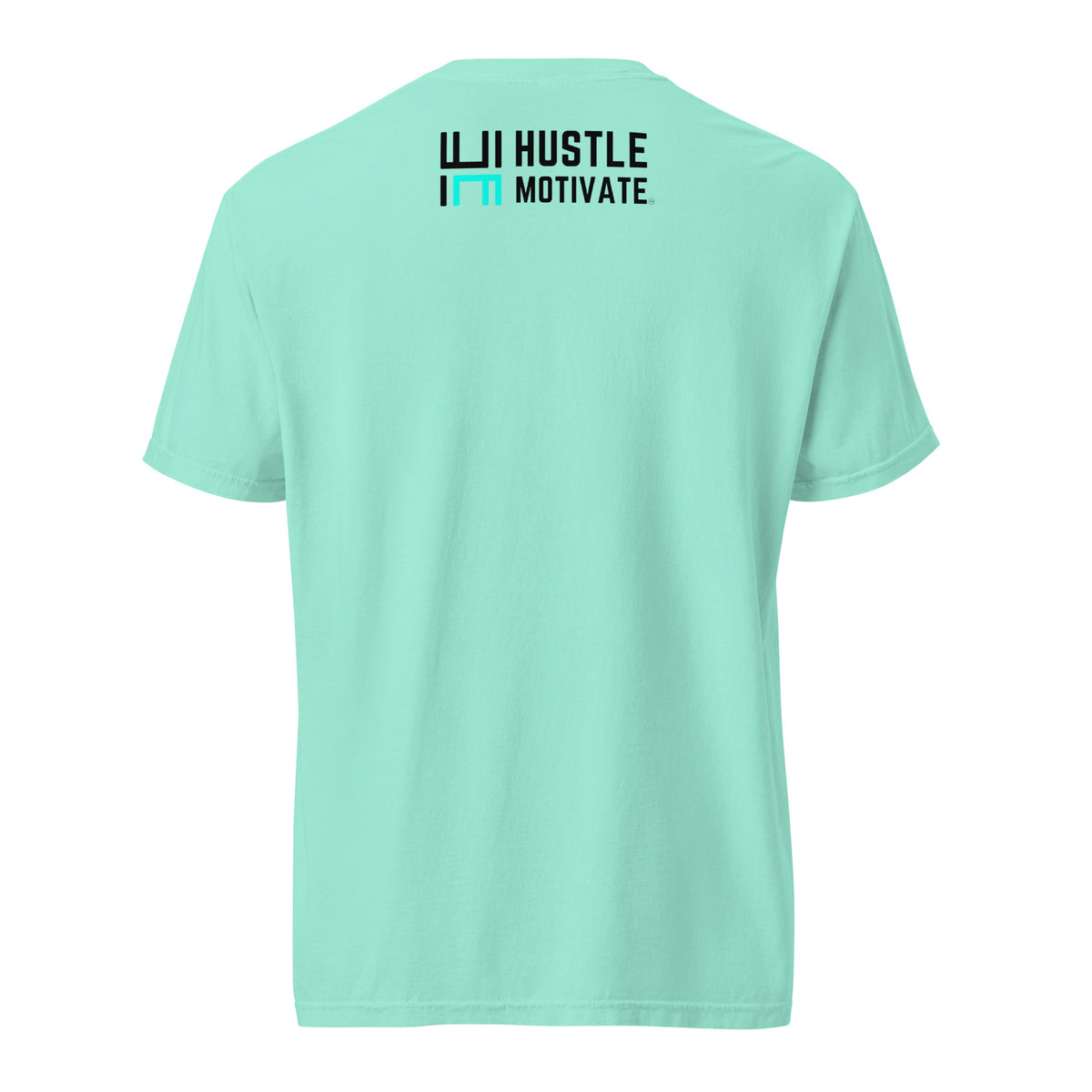 Chalky Mint Hustle Motivate Perspective Tee, back view with small Hustle Motivate wordmark below the collar