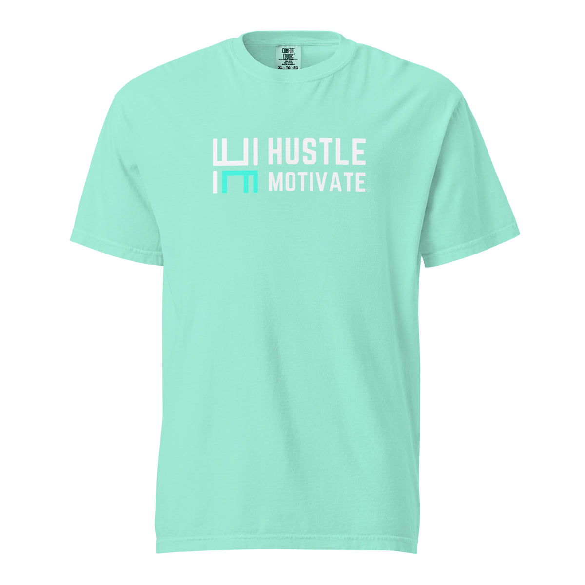 Chalky Mint Hustle Motivate heavyweight T-shirt, front view with white-and-teal HM chest logo.