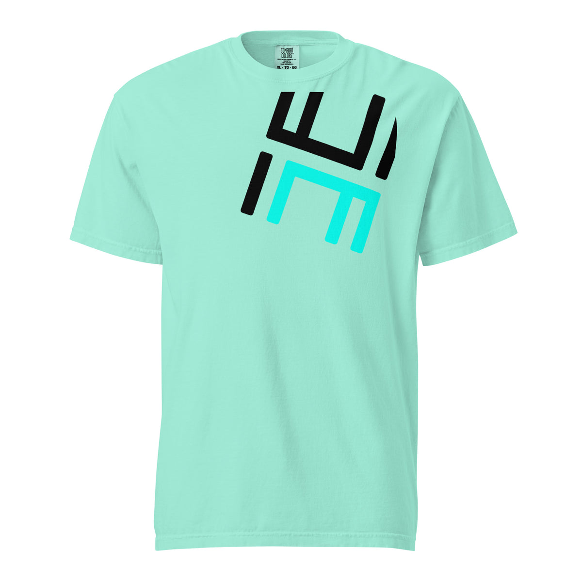 Chalky Mint Hustle Motivate Perspective Tee, front view with large angled charcoal-and-teal HM monogram