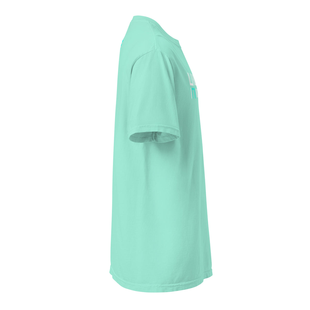 Chalky Mint Hustle Motivate heavyweight T-shirt, right side view with plain short sleeve.