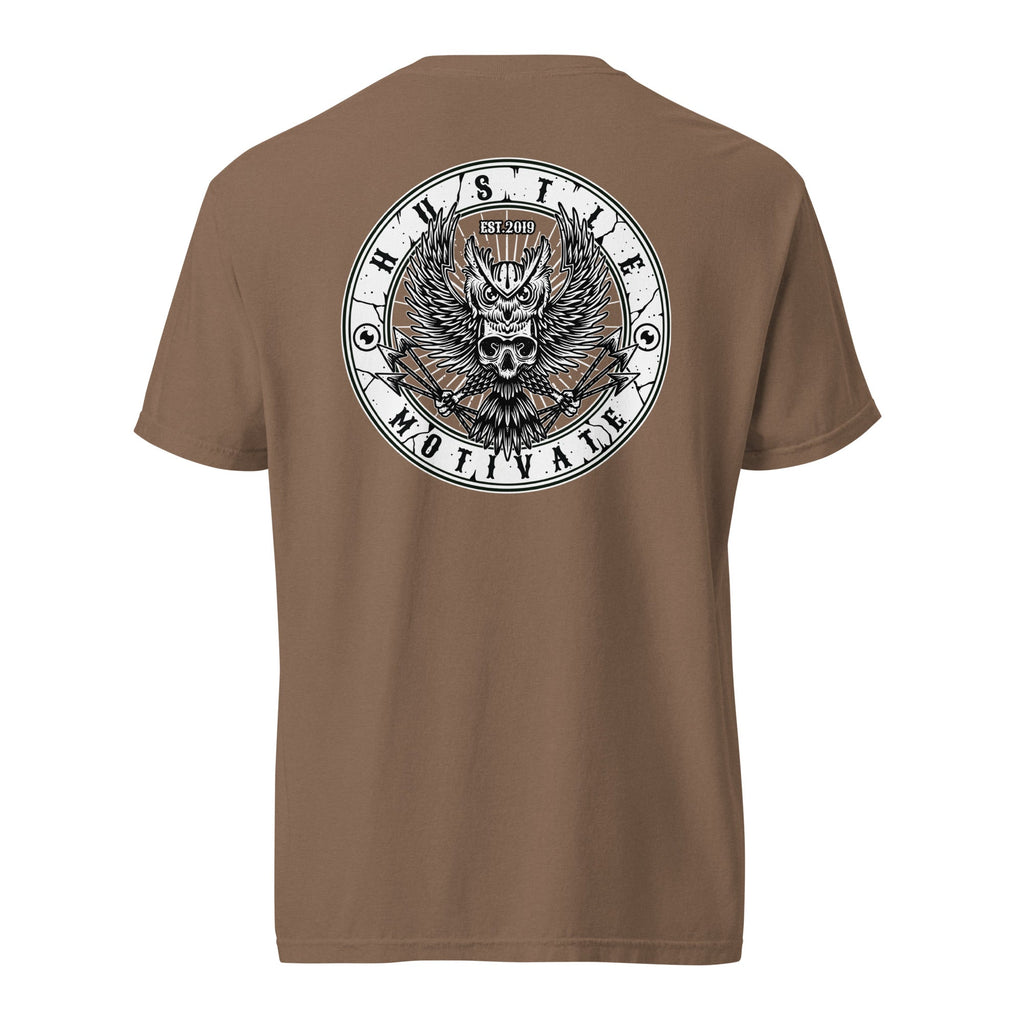Hustle Motivate OG Owl Throwback T-Shirt in Espresso, back ghost mockup view with large circular original owl artwork.
