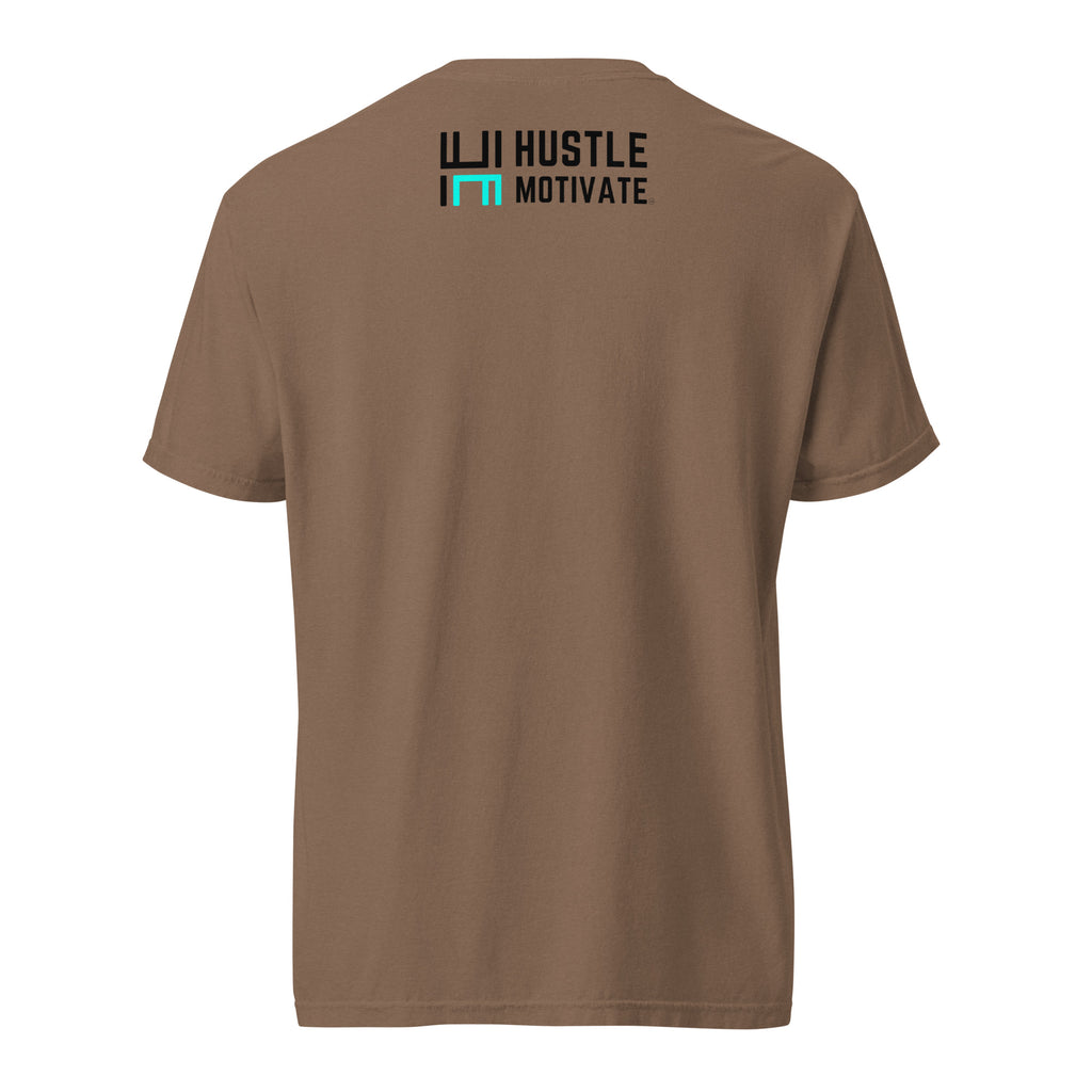 Espresso Hustle Motivate Perspective Tee, back view with small Hustle Motivate wordmark below the collar