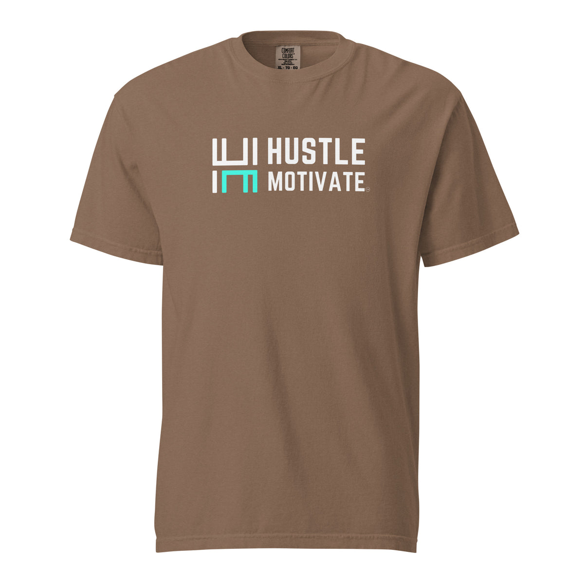 Espresso Hustle Motivate heavyweight T-shirt, front view with white-and-teal HM chest logo.