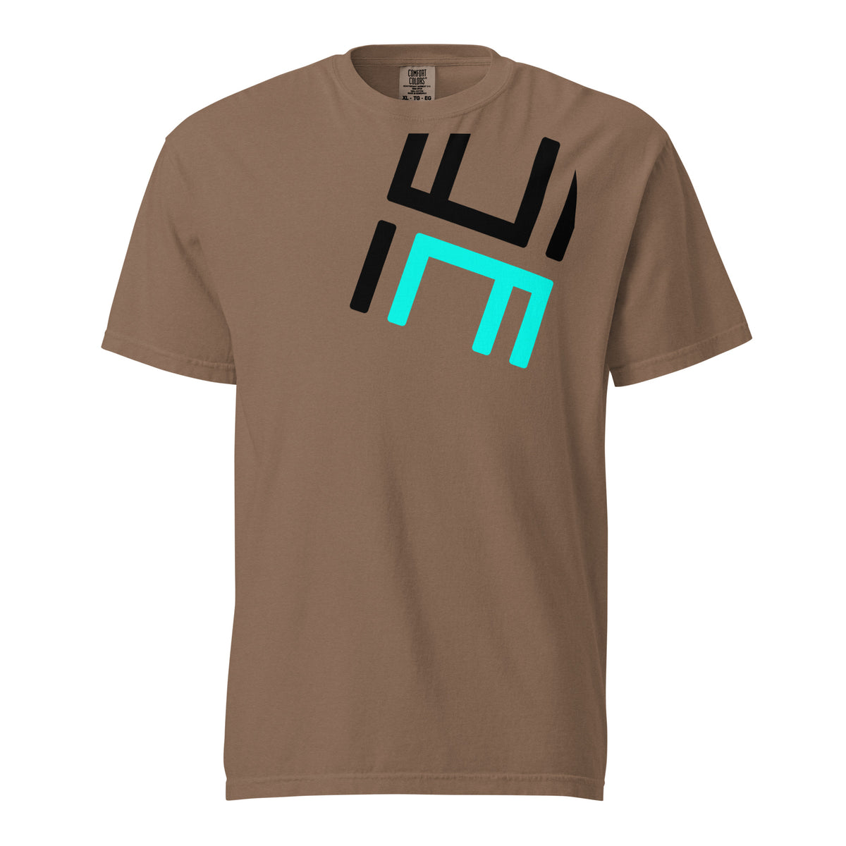 Espresso Hustle Motivate Perspective Tee, front view with large angled charcoal-and-teal HM monogram