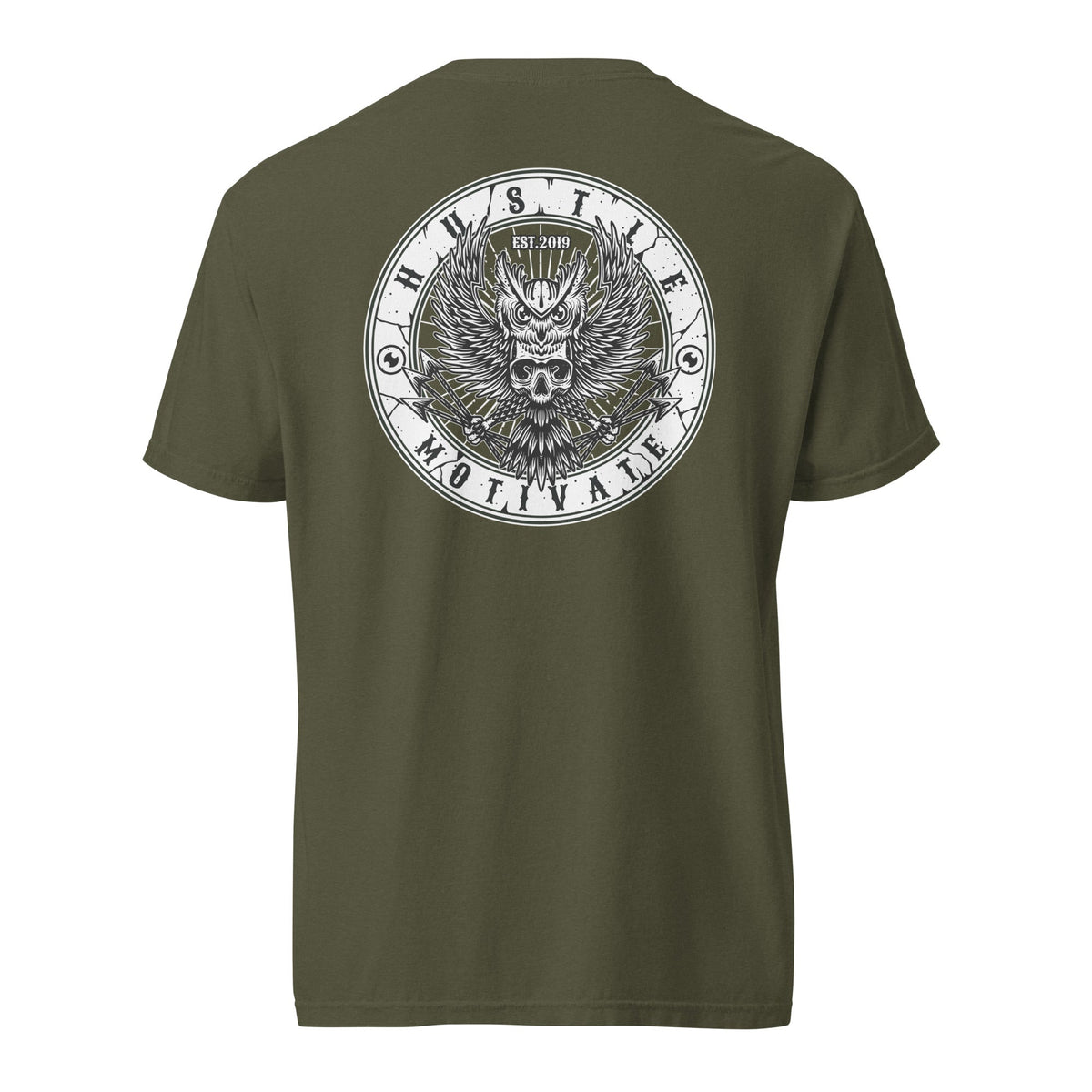Hustle Motivate OG Owl Throwback T-Shirt in Sage, back ghost mockup view with large circular original owl artwork.