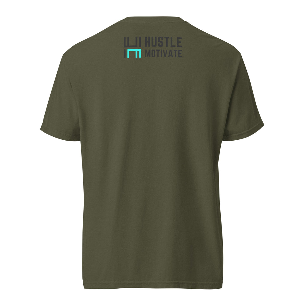 Sage Hustle Motivate Perspective Tee, back view with small Hustle Motivate wordmark below the collar