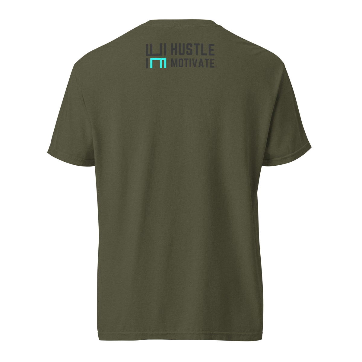 Sage Hustle Motivate Perspective Tee, back view with small Hustle Motivate wordmark below the collar