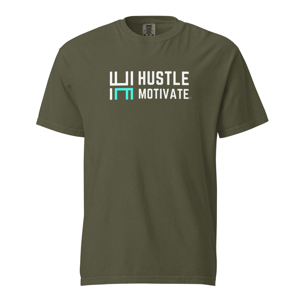 Sage Hustle Motivate heavyweight T-shirt, front view with white-and-teal HM chest logo.