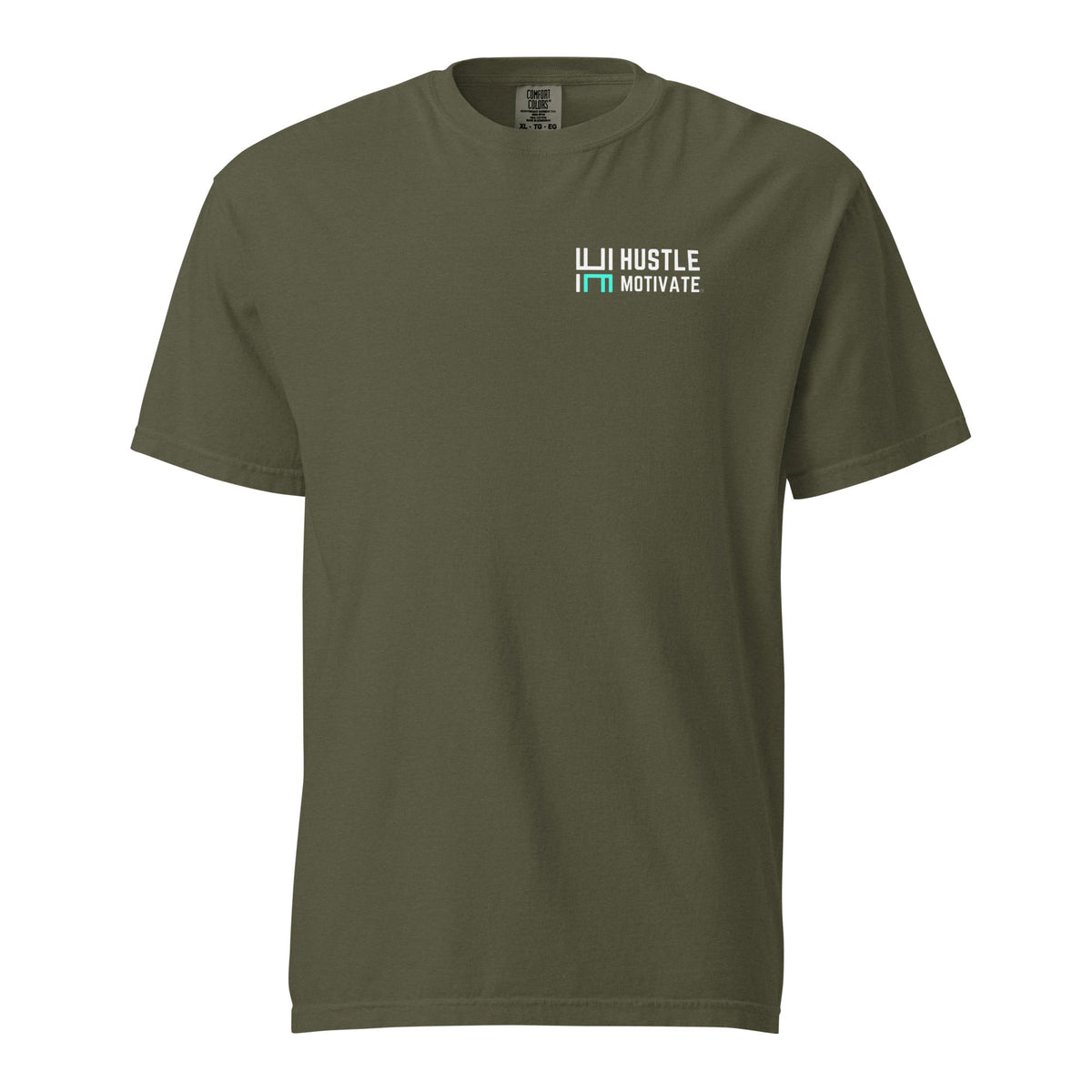Hustle Motivate OG Owl Throwback T-Shirt in Sage, front ghost mockup view with small white and teal HM chest logo.