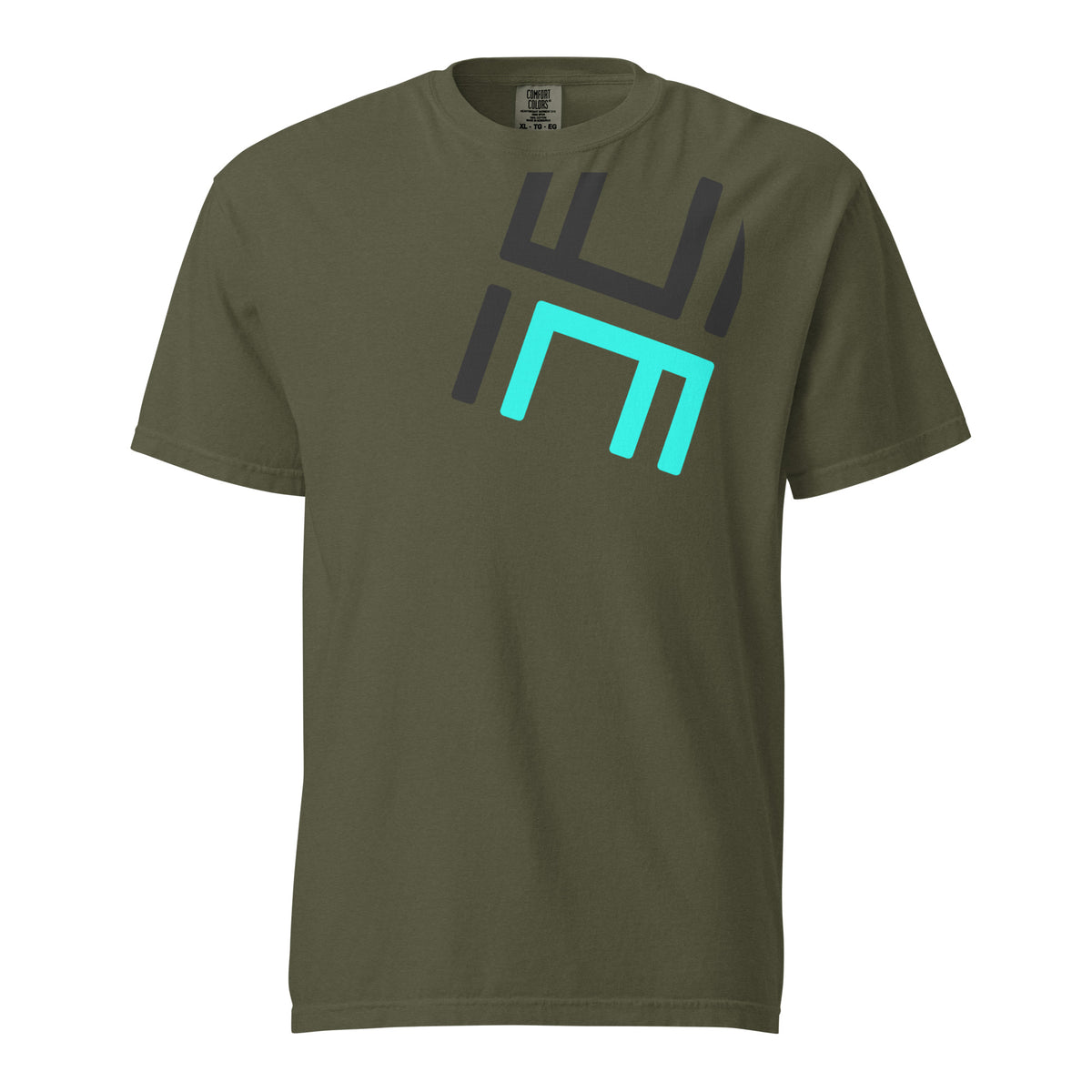 Sage Hustle Motivate Perspective Tee, front view with large angled charcoal-and-teal HM monogram